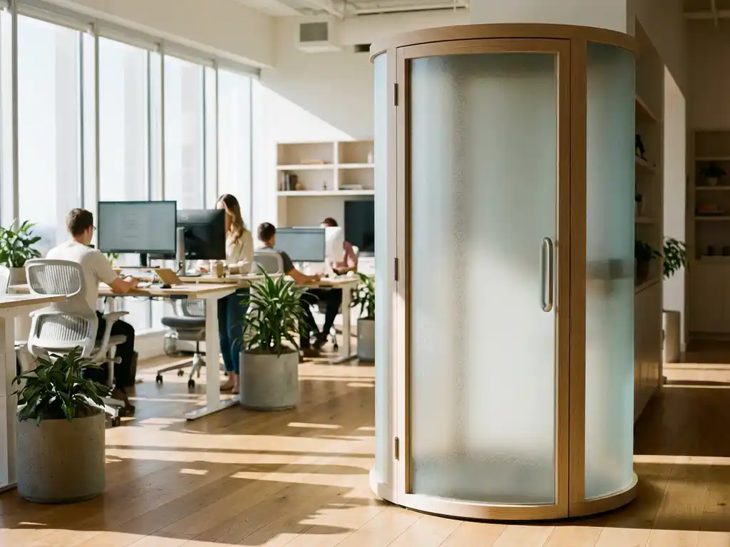 Moderne telefooncel met matglas in helder kantoor met werknemers aan bureaus en natuurlijk licht door ramen