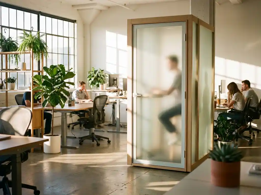 Moderne telefooncel met matglas in hedendaagse kantoorruimte met ergonomische stoelen en staande werkplekken