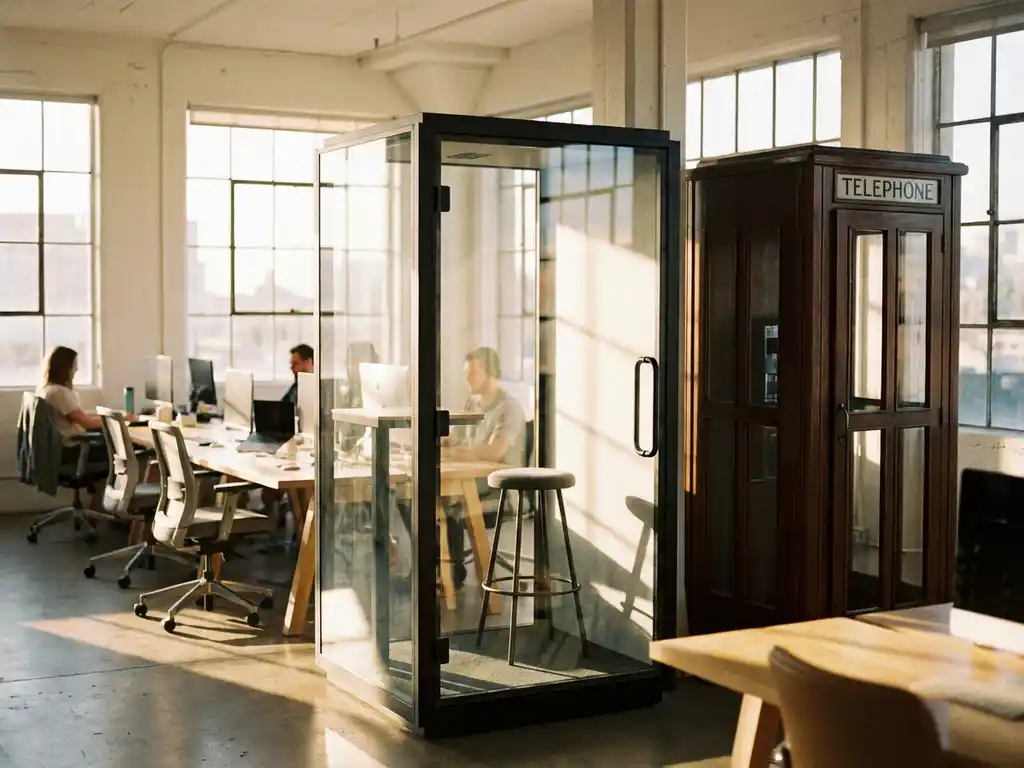 Moderne glazen telefooncel naast traditionele houten telefoonhokje in hedendaagse kantoorruimte met natuurlijk licht