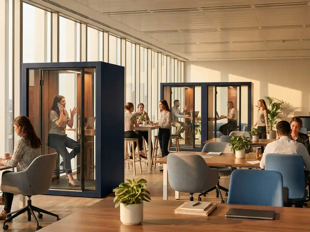 Moderne kantoorruimte met glazen telefooncellen ge&iuml;ntegreerd in open werkplek, medewerkers in gesprek, natuurlijk licht