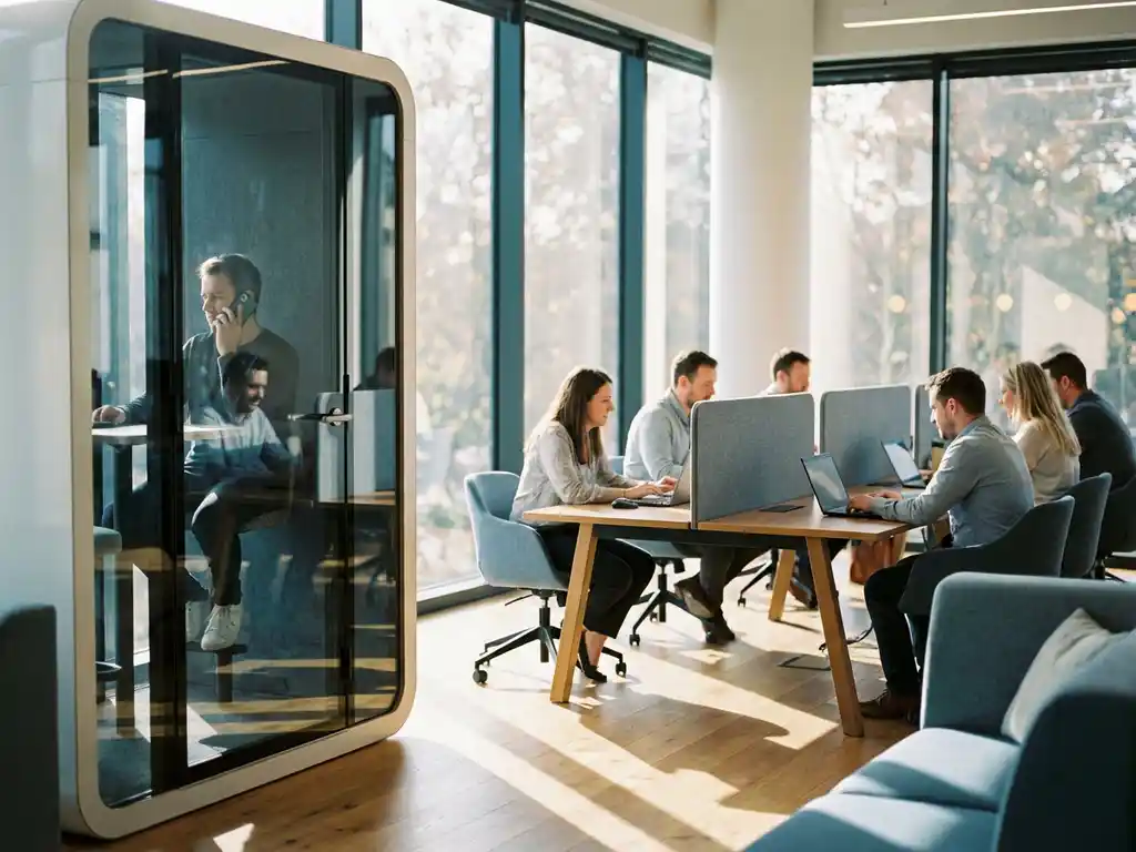 Glazen telefooncel naast open werkplek in modern kantoor met natuurlijk licht en warme houten bureaus