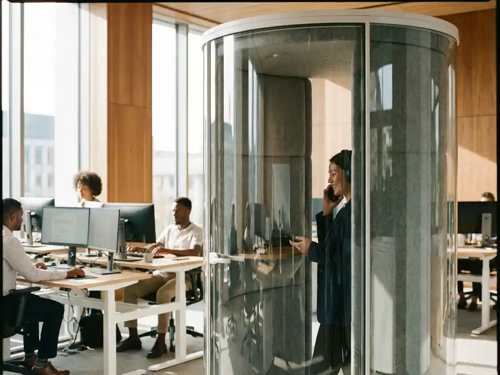 Glazen telefooncel met akoestische panelen in modern kantoor, medewerker belt priv&eacute; terwijl collega's werken aan zit-sta bureaus