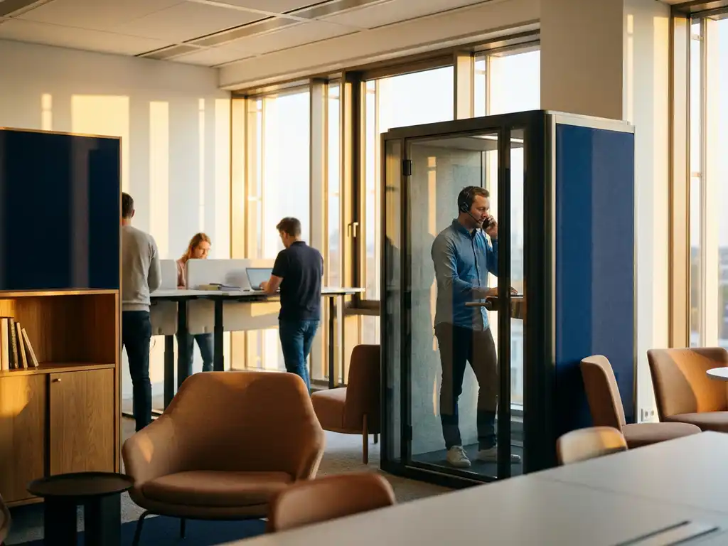 Glazen telefooncel in moderne kantooromgeving met medewerkers aan ergonomische bureaus, natuurlijk daglicht en warme houten accenten