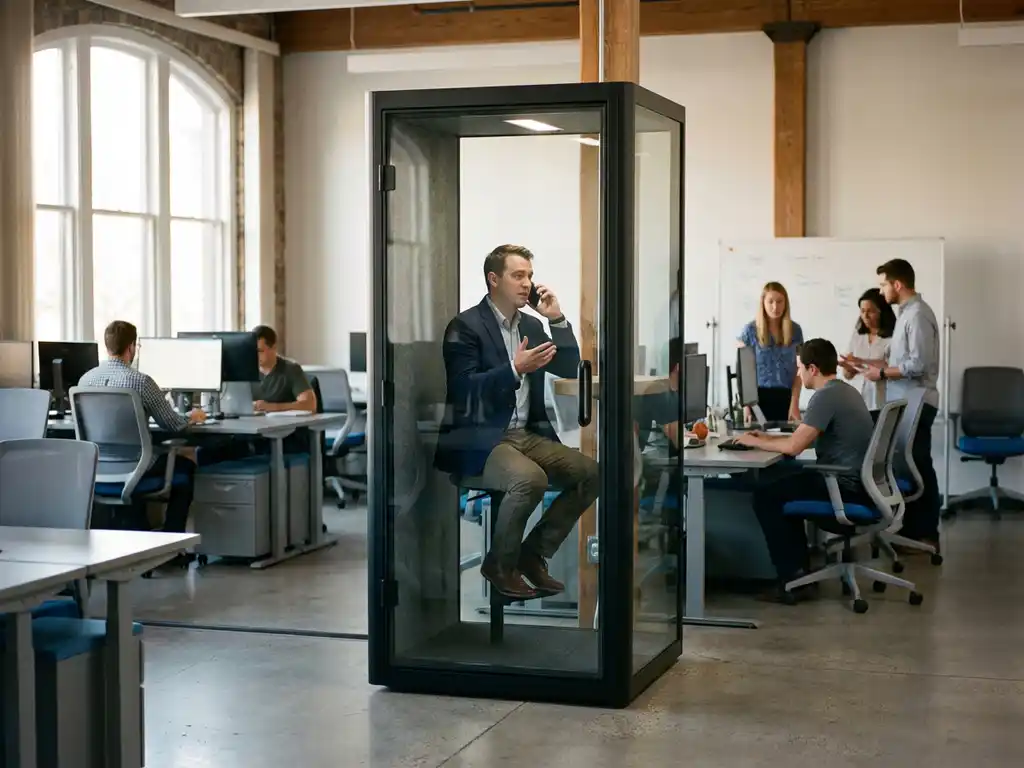 Moderne glazen telefooncel in open kantooromgeving met werknemer in gesprek terwijl collega's samenwerken aan bureaus