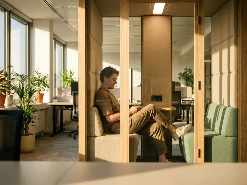 Persoon in moderne glazen telefooncel met houtaccenten in licht kantoor met planten en natuurlijk licht