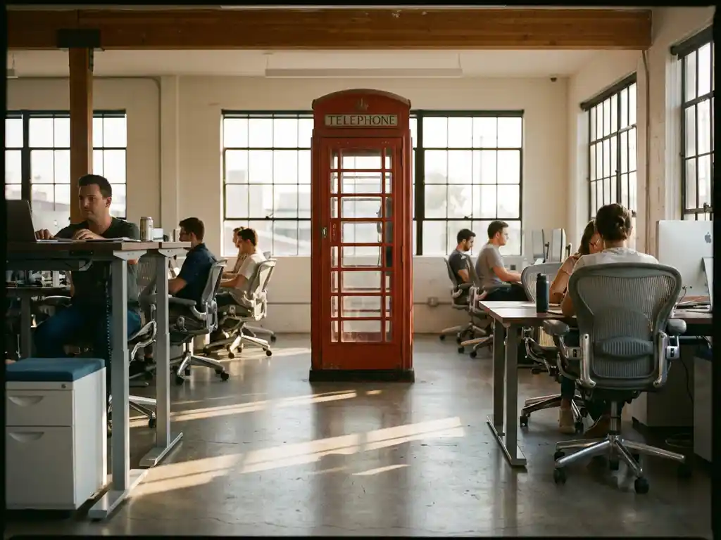 Vintage rode telefooncel in modern kantoor met ergonomische stoelen, verstelbare bureaus en natuurlijk licht door grote ramen