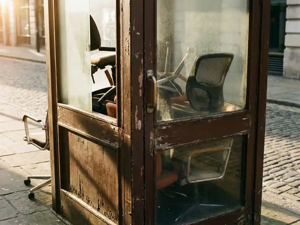 Vintage houten telefooncel met glazen deur op een kier, volgepropt met gestapelde bureaustoelen in ongemakkelijke hoeken