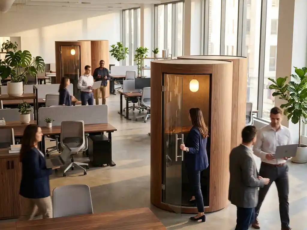 Moderne kantoorvloer met elegante houten telefoonhokjes, professionals die tussen werkplekken bewegen in natuurlijk daglicht