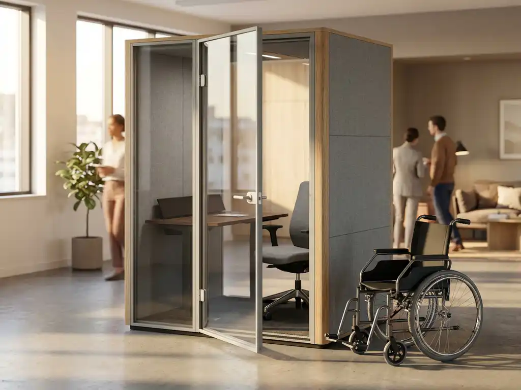 Moderne kantoor telefooncel met open glazen deur, verlaagd bureau en rolstoel ernaast in hedendaagse werkruimte