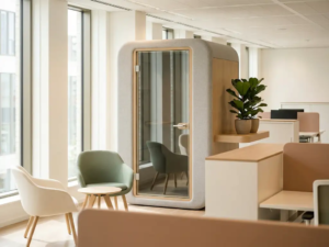 Akoestische privacypod in een modern Nederlands open kantoor met Scandinavisch meubilair in wit en saliegroen, natuurlijk licht.
