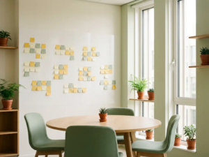 Lichte brainstormruimte in modern Nederlands kantoor met kleurrijke sticky notes op whiteboard, ronde eiken tafel en grote ramen.