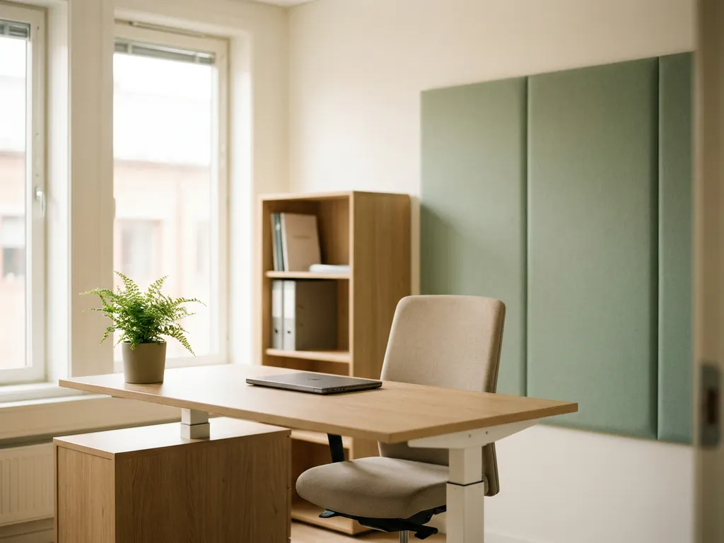 Ergonomisch zit-sta bureau met akoestische wandpanelen en natuurlijk daglicht in een Nederlandse zorginstelling.