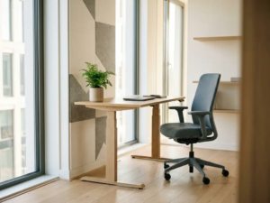 Moderne thuiskantoorhoek met zit-sta bureau van licht eiken, ergonomische stoel en akoestische wandpanelen in warm daglicht.