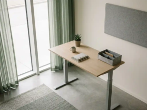 Moderne ergonomische zit-sta bureau in Nederlands kantoor met natuurlijk licht, neutrale tinten en betonnen vloer.
