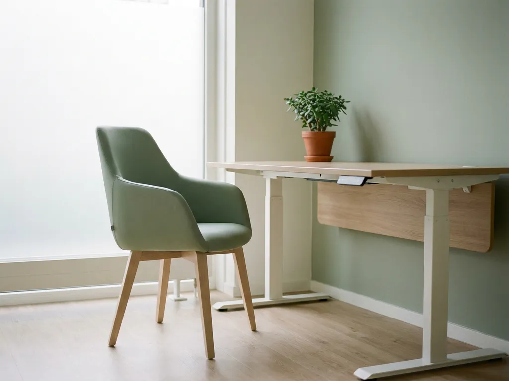 Ergonomische stoel met afwasbare bekleding naast een zit-sta bureau in een rustige zorgkantooromgeving met natuurlijk daglicht en een kleine kamerplant.
