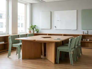 Flexibele vergaderruimte met modulaire tafels, stapelstoelen, whiteboard en akoestisch paneel in warm eiken en saliegroen.
