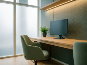 Moderne Nederlandse kantoorhoek met akoestische vilten wandpanelen in grijsgroen, minimalistisch bureau en natuurlijk licht door matglas.