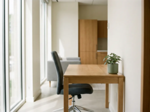 Moderne houten bureau met ergonomische stoel, daglicht door vloer-tot-plafondvensters en kleine kamerplant in een rustig kantoor.