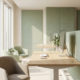 Leeg modern kantoor met salie groene akoestische wandpanelen, staand bureau en natuurlijk daglicht via vloer-tot-plafond ramen.