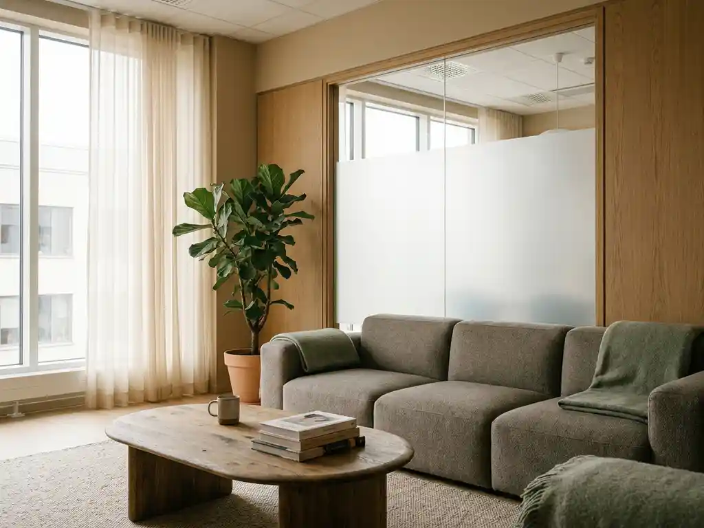 Moderne kantoorlounge met modulaire grijze bank, houten salontafel en grote kamerplant naast een matglazen scheidingswand.