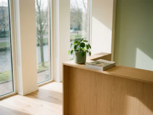 Moderne receptiebalie in een licht Nederlands kantoor met Scandinavisch design, potplant en tijdschrift, natuurlijk daglicht via hoge ramen.
