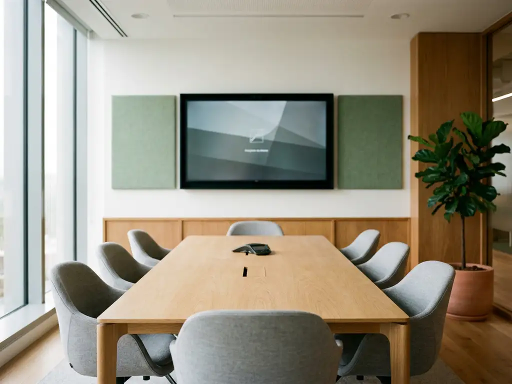 Moderne vergaderruimte met lichte eiken tafel, grijze stoelen, akoestische wandpanelen in saliegroen en grote ramen met natuurlijk daglicht.