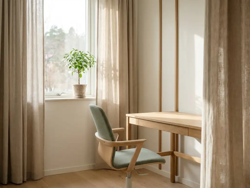 Lege consultatieruimte met ergonomische stoel, houten bureau, linnen gordijnen en potplant op de vensterbank in natuurlijk daglicht.