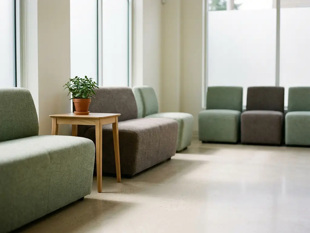 Moderne wachtkamer in een zorginstelling met saliegroen gestoffeerde stoelen, een lichte eiken bijzettafel met plant en zacht daglicht.