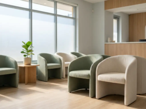 Rustige wachtkamer met Scandinavisch design, salie groene stoelen, eiken houten accenten en zacht middaglicht door een matglazen raam.