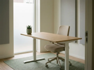 Zit-sta bureau met ergonomische stoel in een rustig Nederlands zorgkantoor, klein kamerplantje op het bureau, zacht daglicht door matglas raam.