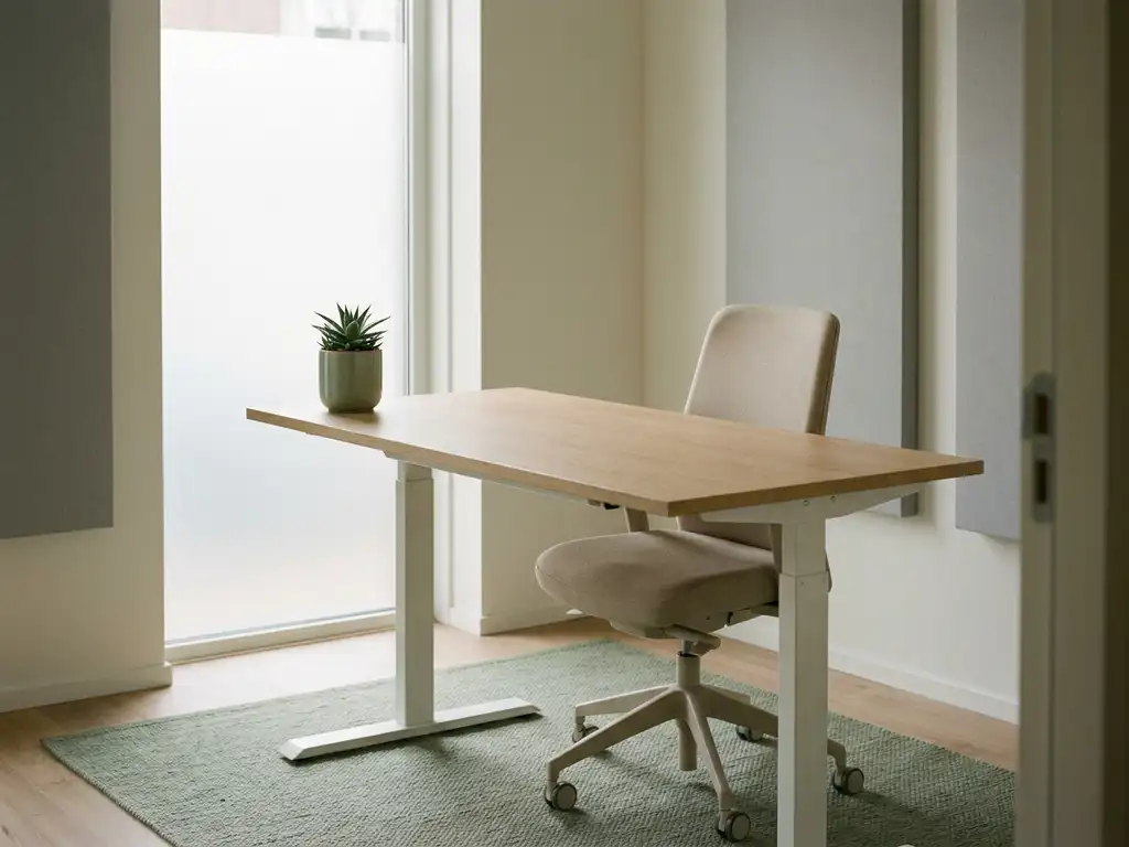 Zit-sta bureau met ergonomische stoel in een rustig Nederlands zorgkantoor, klein kamerplantje op het bureau, zacht daglicht door matglas raam.