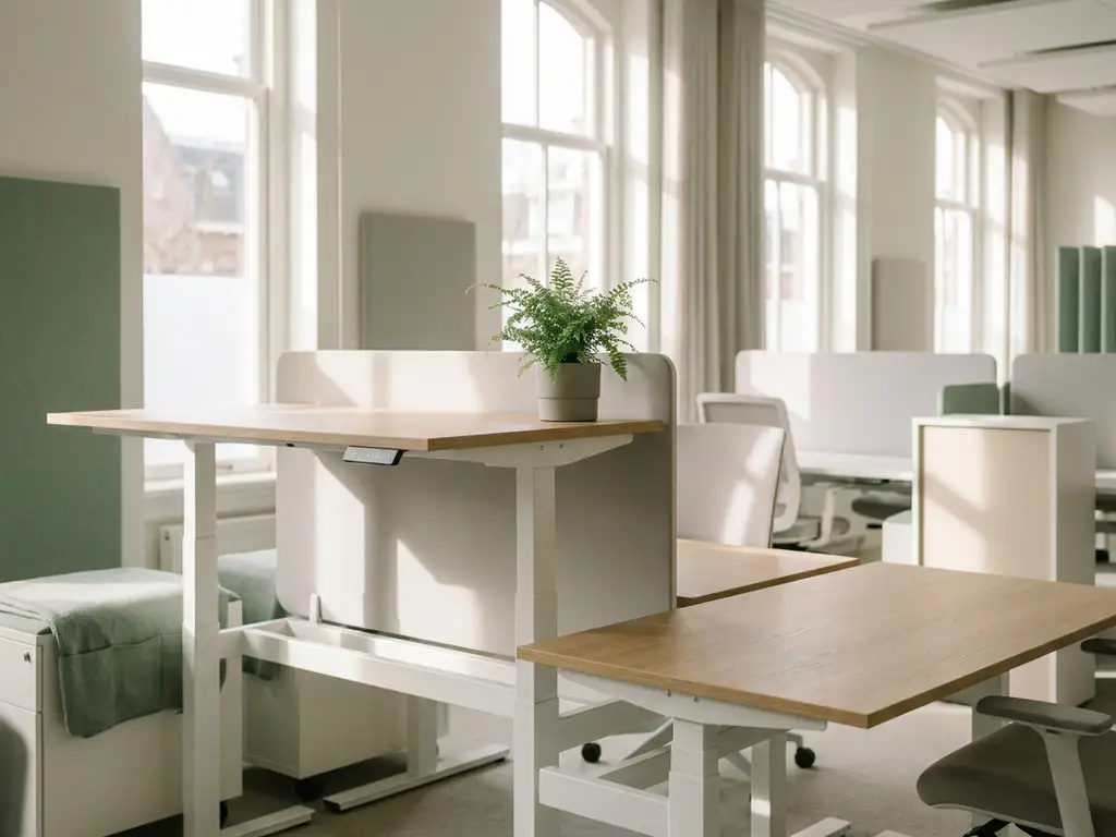 Twee elektrisch verstelbare zit-sta bureaus in een open kantoor, &eacute;&eacute;n omhoog gesteld, licht eiken blad en wit frame, groen plantje, natuurlijk daglicht.