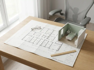 Architectonische plattegrond van een zorgkamer op een eiken bureau, met een miniatuurmaquette ernaast in zacht natuurlijk daglicht.