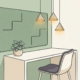 Gezellige Nederlandse werkkamer met akoestisch wandpaneel van vilt, minimalistisch bureau, potplant en hanglamp in salie- en gebroken wittinten.
