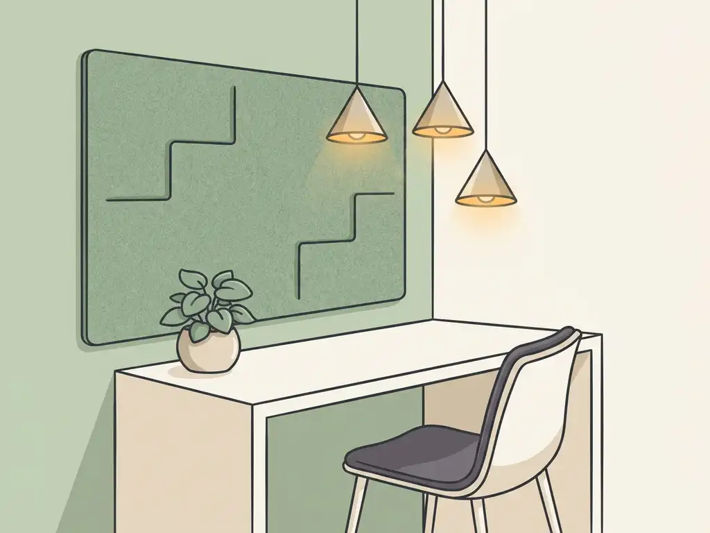Gezellige Nederlandse werkkamer met akoestisch wandpaneel van vilt, minimalistisch bureau, potplant en hanglamp in salie- en gebroken wittinten.