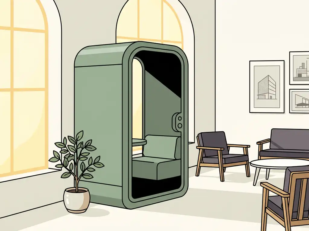 Akoestische telefooncel pod in licht Nederlands kantoor met grote ramen, potplant en Scandinavisch meubilair op de achtergrond.