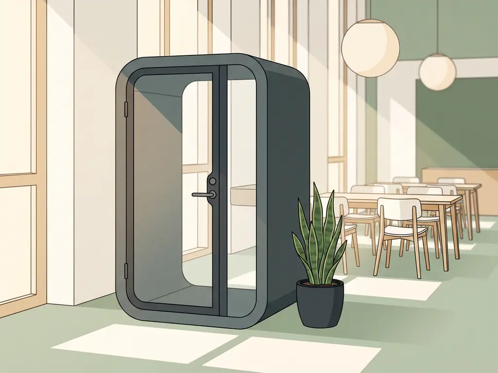 Akoestische telefooncel pod in licht Nederlands kantoor met saliegroen en houten accenten, groot raam op de achtergrond.