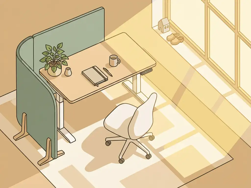 Ergonomische zit-sta bureau met akoestisch scheidingspaneel, potplant en warm natuurlijk licht in een rustige kantoorhoek.