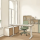 Lichte Nederlandse werkkamer met een zit-sta bureau, ergonomische stoel, modulaire schappen en een kamerplant op de vensterbank in warm daglicht.