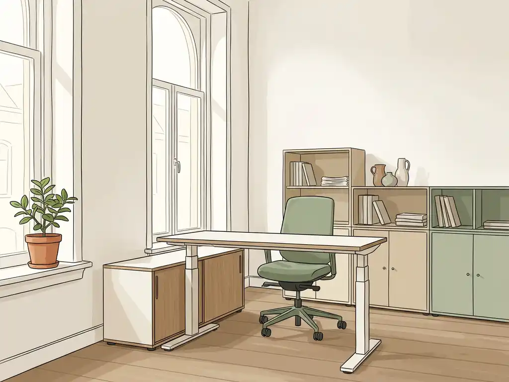 Lichte Nederlandse werkkamer met een zit-sta bureau, ergonomische stoel, modulaire schappen en een kamerplant op de vensterbank in warm daglicht.