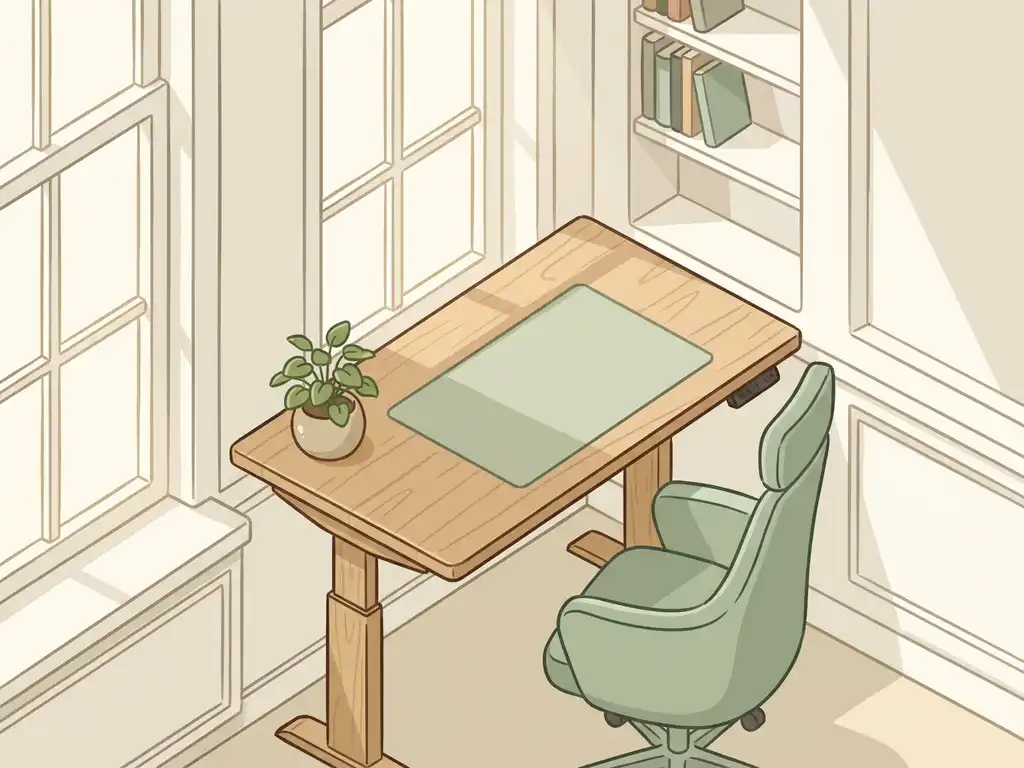 Ergonomisch zit-sta bureau met taakstoel, potplant en natuurlijk licht in een opgeruimde Nederlandse thuiskantoorhoek.