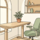 Ergonomische zit-sta bureau met stoel en kamerplant in licht Nederlands kantoor met natuurlijk daglicht.