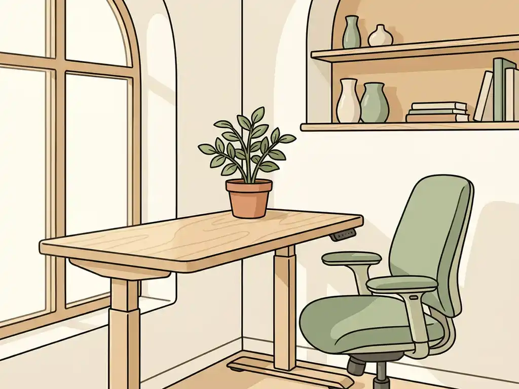 Ergonomische zit-sta bureau met stoel en kamerplant in licht Nederlands kantoor met natuurlijk daglicht.