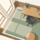 Scandinavisch kantoorhoek met zit-sta bureau, ergonomische stoel en kamerplant in warm wit, saliegroen en eikenhout tinten.