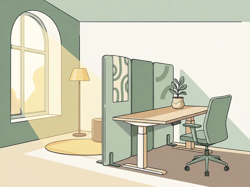 Ergonomische zit-sta bureau in een rustige Nederlandse kantoorhoek met modulaire scheidingswand, potplant en warm natuurlijk licht.
