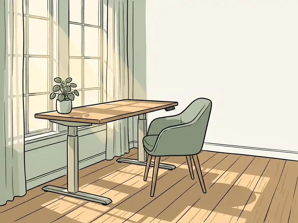 Zonnige kantoorhoek met een zit-sta bureau, ergonomische stoel en kamerplant op een warme eiken vloer.