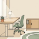 Ergonomische thuiswerkplek met zit-sta bureau, stoel, potplant en houten opbergkast in warme zandtinten.