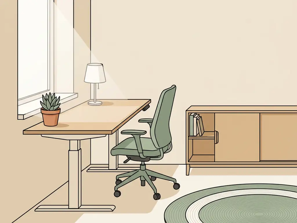 Ergonomische thuiswerkplek met zit-sta bureau, stoel, potplant en houten opbergkast in warme zandtinten.
