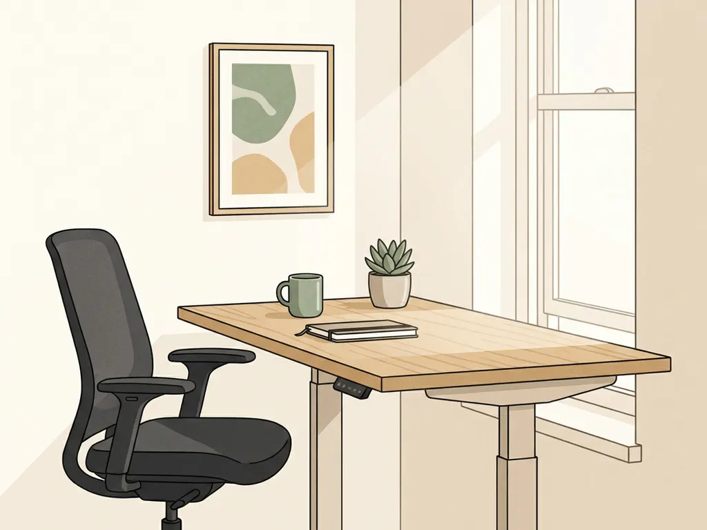 Opgeruimde thuiskantoorhoek met licht eiken zit-sta bureau, ergonomische stoel en kamerplant in warm zonlicht.