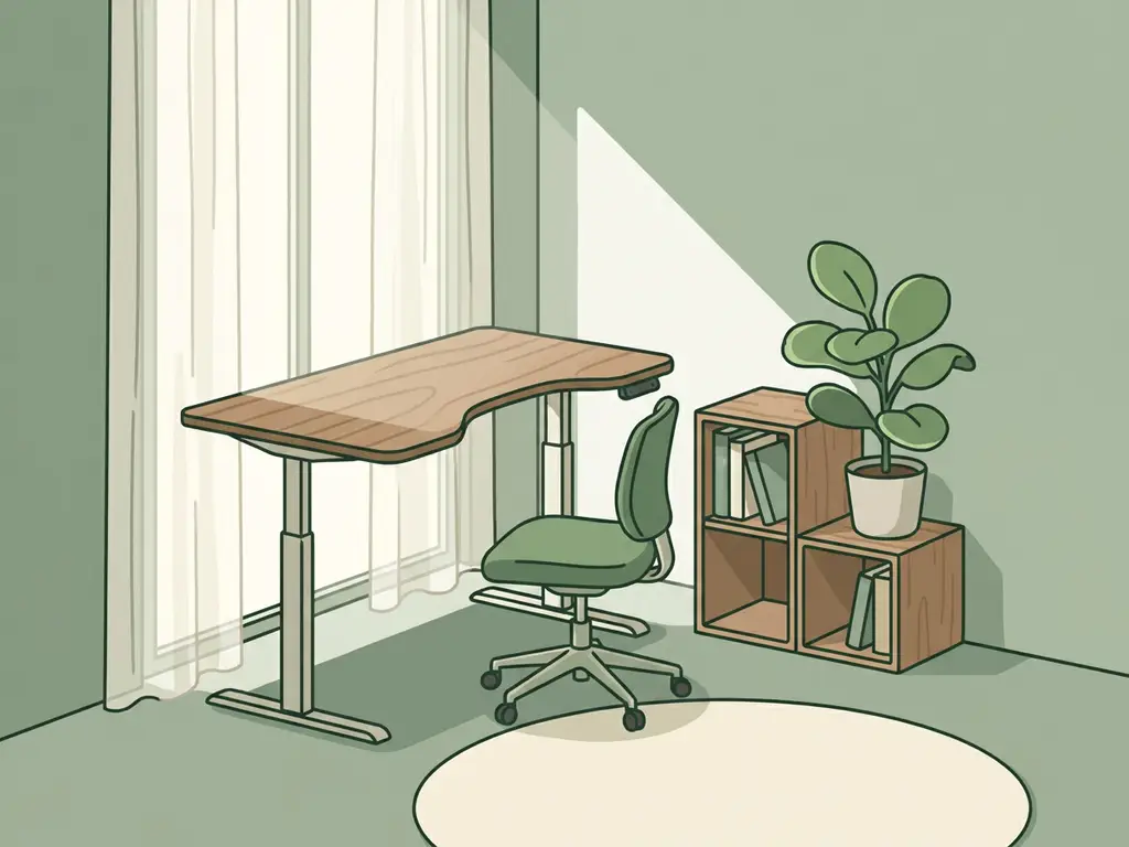 Ergonomische thuiswerkhoek met zit-sta bureau, bureaustoel en modulaire kast, saliegroen en warm hout, daglicht via hoog raam.